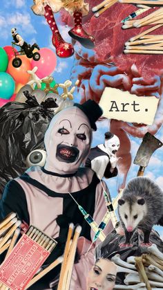 an artistic collage with various objects and people in the background, including a man dressed as a clown