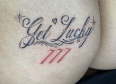 a woman's stomach with the words get lucky on it