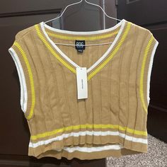 Brand New Bdg From Urban Outfitters, Knitted V-Neck Cropped Sweater. Brown/Tan, Yellow & White Soft Casual Brown Summer Sweater Vest, Casual Brown Sweater Vest For Summer, Stretchy Crop Tops, Striped Halter Top, Blue Halter Top, Urban Outfitters Top, Seamless Top, Going For Gold, Puff Sleeve Crop Top