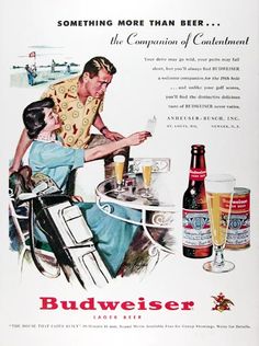 an advertisement for budweiser beer with two people sitting at a table