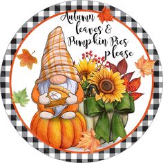 an orange and black checkered plate with a gnome next to pumpkins, sunflowers and leaves