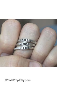 Get free shipping on these beautiful sterling silver stackable name rings, personalized with your special names. These mother's rings are the perfect way to celebrate your meaningful people. Each ring is unique and carefully hand-formed, hand-stamped and finished. They can be personalized with names, dates, initials, or other words that are meaningful to you. Intentionally made with a natural shape, the stacking rings have an organic look and feel. They are very comfortable and pleasant to wear. Personalized Sterling Silver Open Ring Jewelry, Adjustable Engraved Name Open Ring, Adjustable Engraved Open Ring With Name, Silver Stackable Initial Ring For Promise, Adjustable Silver Initial Ring Hand Stamped, Personalized Adjustable Meaningful Stackable Rings, Personalized Meaningful Sterling Silver Rings, Meaningful Personalized Adjustable Stackable Rings, Meaningful Personalized Sterling Silver Rings