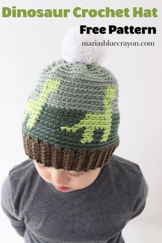 a young boy wearing a knitted dinosaur hat with a pom - pom