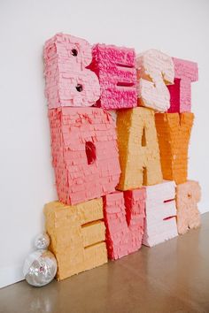 Best Day Ever Pinata, Giant Fringe Letters, Hens Backdrop, Bridal Shower Colorful, 2024 Event Trends, Pink And Orange Party Decor, Colorful Bridal Shower Ideas, Colorful Engagement Party, Bright Color Party