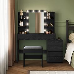 a bedroom with a vanity, stool and mirror