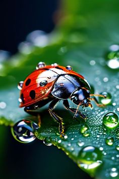 a ladybug sitting on top of a green leaf covered in waterdrops