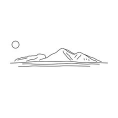 a black and white line drawing of a mountain with a sun in the sky above it