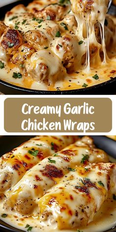 creamy garlic chicken wraps in a skillet with cheese and parmesan on top