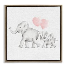 an elephant family with two baby elephants holding red heart shaped balloons on a white background