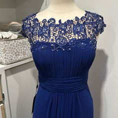 This A Nwt, Formal Dress, Perfect For Holidays, Weddings, And Has Never Been Worn. This Would Fit A Small Person. See Measurements, The Length Measurement Is From The Waist. Has A Really Cute Back Blue Lace Dresses With Fitted Bodice, Blue Lace Dress With Fitted Bodice, Formal Royal Blue Lace Dresses, Blue Sleeveless Wedding Dresses, Elegant Sleeveless Blue Mother Of The Bride Dress, Fitted Blue Dress With Illusion Neckline, Blue Lace Evening Dress With Fitted Bodice, Blue Lace Bodice Gown For Wedding, Blue Lace Evening Dress With Illusion Neckline