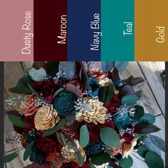 an arrangement of flowers is shown in the color palettes for this wedding day bouquet