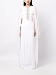 Jenny Packham Saga crystal-embellished Dress - Farfetch White Embellished Dress With Cape Sleeves, White Gown With Cape Sleeves For Evening, White Dresses With Cape Sleeves, Jenny Packham Dresses, Cape Designs, Wedding Guest Looks, Versace Outfit, City Dress, Jenny Packham