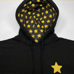 A perfect pairing to our official Steven Universe Varsity Jacket! 10oz. heavyweight fleece pullover hoodie. Embroidered front. Star patterned custom hood. Color: Black 80% Cotton / 20% Poly Fleece. Unisex. Please check size chart to ensure proper fit. Check out the rest of the Steven Universe Collection here. Cotton Sweatshirt With Star Patch For Streetwear, Winter Star Patch Sweatshirt For Streetwear, Winter Streetwear Sweatshirt With Star Patch, Cotton Hoodie With Star Print, Black Star Print Sweatshirt For Winter, Black Star Print Sweatshirt For Streetwear, Black Hoodie With Star Print For Fall, Streetwear Hoodie With Star Print, Black Hoodie Sweatshirt With Star Print