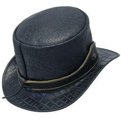 Black leather dragon / crocodile tophat with eye hatband and crocodile embossed leather crown. This black steampunk hat with eye has a universal fitting inside hatband for a comfortable fit. This eye steampunk tophat is one hat to watch (unless it's watching you), and is made of 4-5 oz. top grain cowhide leather. Sizes: S, M, L, XL, 2X. [5#] right side crocodile / dragon eye crocodile embossed leather crown and bill perforated crown for added breathability golden trim on eye filled hatband 5 inch tall crown tassel on back universal stretch headband inside top grain leather heavy 4-5 oz. cowhide leather IMPORTANT SPECIFICATIONS: MANUFACTURER: This quality product is a Jamin Leather® brand or other reputable brand that matches or exceeds our quality standards, for the price.LEATHER: Cowhide Western Style Black Top Hat For Festival, Black Steampunk Costume Hat With Short Brim, Steampunk Black Costume Hat With Short Brim, Black Western Style Top Hat For Festivals, Leather High Crown Top Hat For Festival, Steampunk Black Short Brim Costume Hat, Black Top Hat With Short Brim For Festival, Gothic Adjustable Costume Hat With Short Brim, Steampunk Adjustable Wide Brim Hat