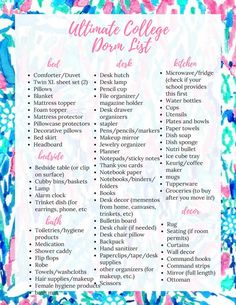 the ultimate college dorm list is shown in pink, blue and green flowers on a white background