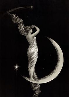 a black and white drawing of a woman on the moon