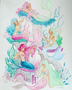 this is a drawing of mermaids in the water