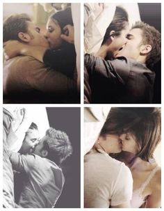 four different pictures of people kissing each other