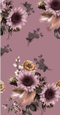 a pink background with sunflowers and other flowers