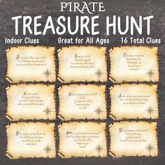 the pirate treasure hunt game is shown on a chalkboard with instructions for all ages