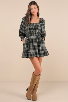 Make your fall style dreams come true with a pair of cute boots and the Lulus Autumn Perfection Green Plaid Mini Dress With Pockets! A classic plaid pattern adorns soft, lightweight woven fabric as it shapes a scoop neckline and balloon-inspired, three-quarter sleeves with gathering at the shoulders and fitted button cuffs. A row of decorative buttons adorn the front of the breezy, shift-style silhouette that boasts a functional drawstring detail (with tasseled ends) that cinches at the waist, s Plaid Mini Dress, Drawstring Detail, Cute Boots, Decorative Buttons, Fall Style, Dreams Come True, Green Plaid, Dress With Pockets, Full Skirt