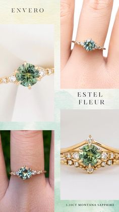 an engagement ring with green and white stones on the side, surrounded by other images