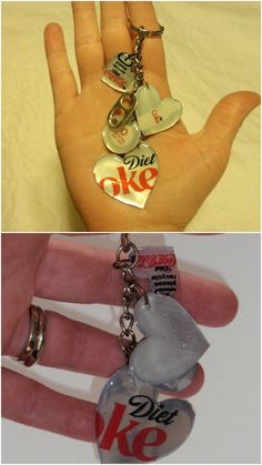 two pictures one has a hand and the other is a keychain with charms attached to it