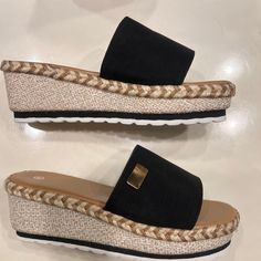 Women’s Platform Espadrilles Wedge Slippers. Size 7.5 Black. New Without Tags Black Platform Wedge Sandals For Beach, Black Wedge Sandals For Beach, Black Casual Wedge Sandals With Round Toe, Black Round Toe Wedge Sandals, Casual Black Wedge Sandals With Round Toe, Black Round Toe Casual Wedge Sandals, Chic Black Wedge Sandals With Textured Footbed, Black Summer Wedge Sandals For The Beach, Casual Black Wedge Sandals For Spring