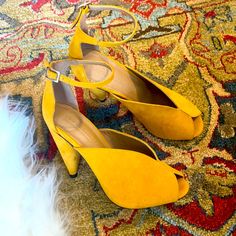 Never Worn Yellow High Heels From Asos #Boho #Funky Chic Yellow Heels With Wrapped Heel, Yellow Open Toe Heels For Fall, Bold Ankle Strap Heels For Spring, Chic Yellow Heels For Spring, Spring Bold Heels With Stacked Heel, Bold Spring Heels With Stacked Heel, Bold Stacked Heel Heels For Spring, Bold Open Toe Heels For Spring, Bold Sculpted Heel For Spring