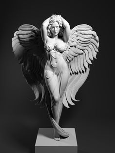 a statue of an angel with wings on top of a white base and black background