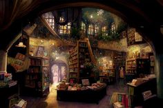 a painting of a library filled with lots of books