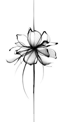 a black and white drawing of a flower on a pole with long stems in the center