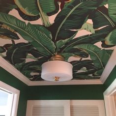 the ceiling in this bathroom is painted with tropical leaves