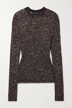 The countless gold sequins decorating Balenciaga's stretch-knit sweater transform it from casual knitwear to a glamorous style suited for festive occasions or evenings out. It's designed for a slim fit and has a classic crewneck. Tuck the long hem into everything from midi skirts to tailoring. Casual Knitwear, Balenciaga Women, Latest Sweater, Glamorous Style, Knit Turtleneck Sweater, Midi Skirts, Gold Sequins, Sequin Mini Dress, Brown Sweater