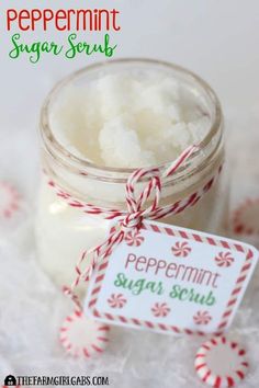 peppermint sugar scrub in a jar with a tag