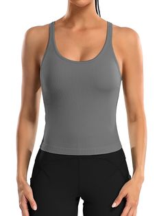 PRICES MAY VARY. Ribbed Seamless: Womens workout tops made of stretchy compression, moisture-wicking, soft fabric for all-day comfort Waist Length: Cropped tank top is just below the belly button, long enough to provide moderate coverage and conceal tummy fat Built in Removable Bra: Longline sports bra with medium support to against shock, elastic band inside prevent the bra from shifting Racerback Tank: Athletic tank tops feature racerback and scoop neckline that beautify your body curve and pr Cheap Sports Tank Top With Medium Bust Support, Gray Top With Built-in Bra And Medium Support, Elastane Tops For Light Exercise, Ribbed Fitted Activewear For Workout, Seamless Elastane Tops For Light Exercise, Athleisure Moisture-wicking Seamless Tank Top, Moisture-wicking Workout Tank Top, Workout Moisture-wicking Elastane Tank Top, Workout Moisture-wicking Tank Top