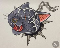 a drawing of a black cat with red eyes and claws on it's face