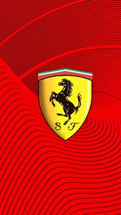 the ferrari logo is on top of a red wavy background that looks like an abstract pattern