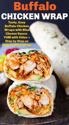 two burritos stacked on top of each other with the words buffalo chicken wrap