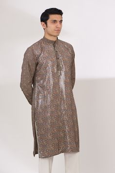 Coco sheeted and georgette kurta with abstract print and sequins embroidery. Comes with cotton silk pant. - Aza Fashions Sequin Sherwani Straight Kurta For Festivals, Festival Kurta With Sequins For Reception, Festival Sherwani With Sequins And Straight Kurta, Sequin Kurta For Festivals And Receptions, Festival Reception Kurta With Sequins, Festival Sequined Sherwani Straight Kurta, Festive Sequined Kurta For Receptions, Festival Sequined Kurta For Reception, Silk Kurta With Sequins In Traditional Drape