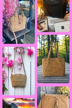 several pictures of different types of purses and handbags with pink flowers on them