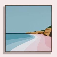 an abstract painting of a beach with blue water and cliffs in the distance, on a pale pink background