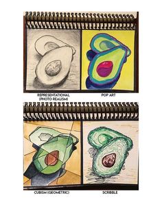 three different colored pencils on top of a spiral notebook with pictures of fruits and vegetables