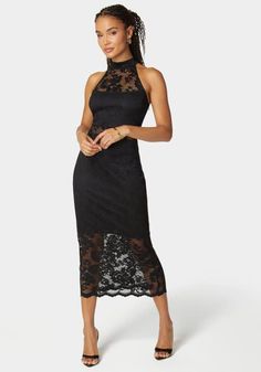 Sleeveless Lace Midi Dress | bebe Style Midi Dress, Black Lace Midi Dress, Elegant Black Dress, Midi Dress Black, Bebe Dresses, Lace Midi, Lace Midi Dress, Sheer Sleeves, Lace Pattern