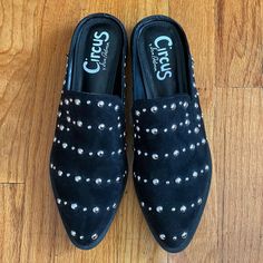 New Circus By Sam Edelman Lucille Suede Slides, Studded, Size 7.5, Color: Black B12 Black Leather Studded Mules, Party Mules With Leather Sole And Round Toe, Black Studded Mules With Round Toe, Black Party Mules With Leather Sole, Spring Slip-on Mules With Studded Rubber Outsoles, Spring Slip-on Mules With Studded Outsoles, Black Almond Toe Mules For Summer, Sam Edelman Mules, Pink Mules