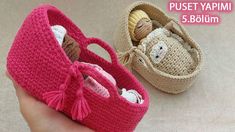 two small crocheted baskets with stuffed animals inside one is pink and the other is beige