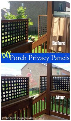 before and after photos of porch privacy panels with text overlay that reads diy porch privacy panels