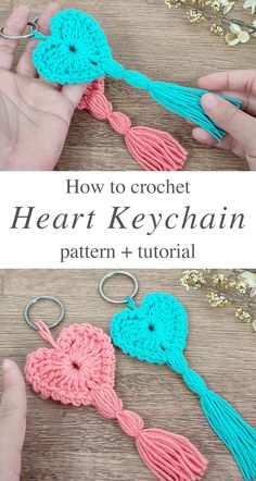 the crochet heart keychain pattern is shown in two different colors, and it