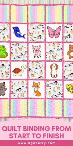 a quilting pattern with animals and birds on it, the words quilt binding from start to finish