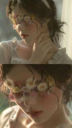 two pictures of a woman with flowers on her face and the same image in different ways